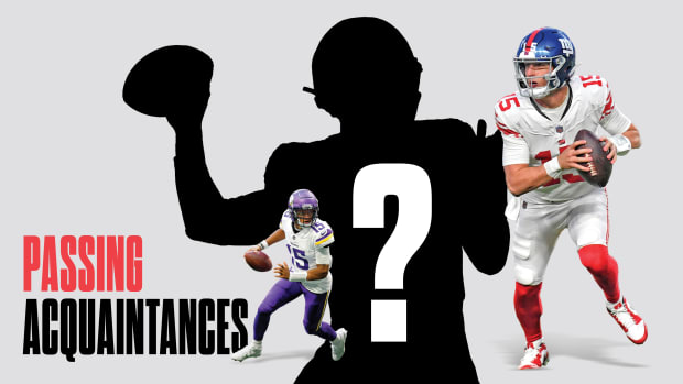 a graphic with the text “Passing Acquaintances’ On it, with joshua dobbs and tommy devito both running with the football overlayed over a silhouette with a question mark